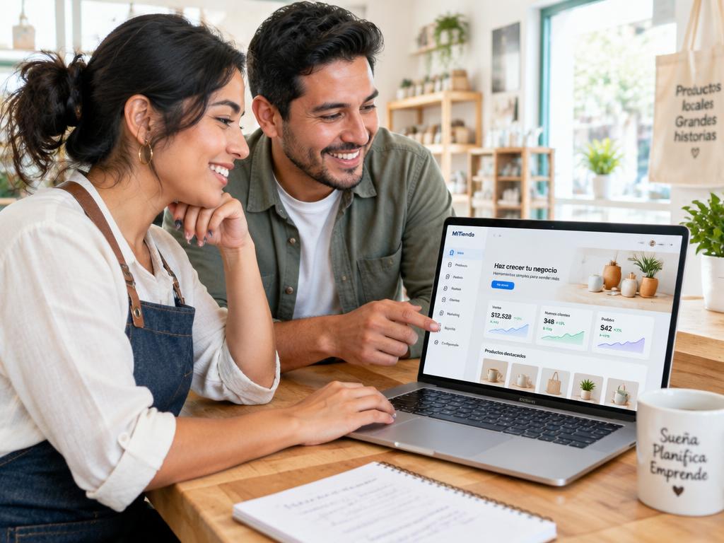 Dos emprendedores sonriendo mientras revisan el panel de su tienda online