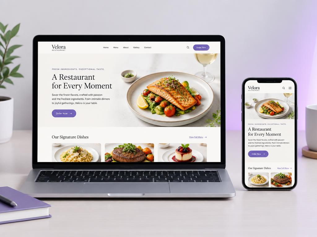 Laptop y teléfono mostrando la misma página web de restaurante