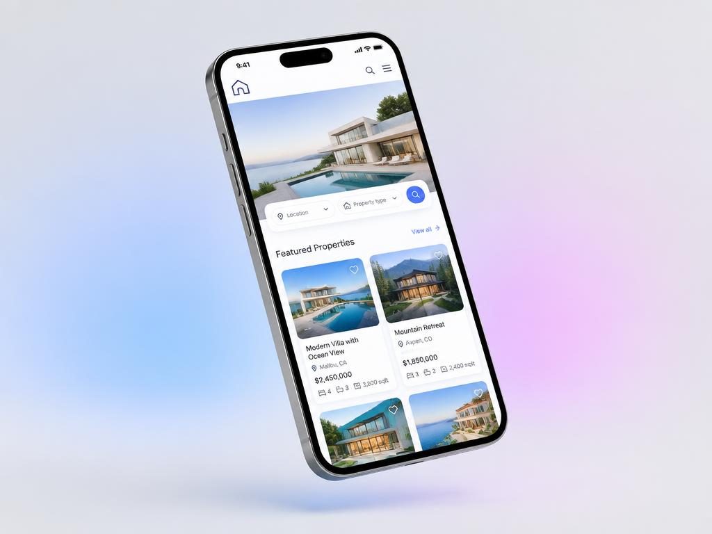Teléfono mostrando una página web de inmobiliaria con buscador de propiedades